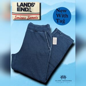 NWT LANDS' END Serious Sweats Sz M (10-12) Indigo Blue Relaxed Fit Side Pockets
